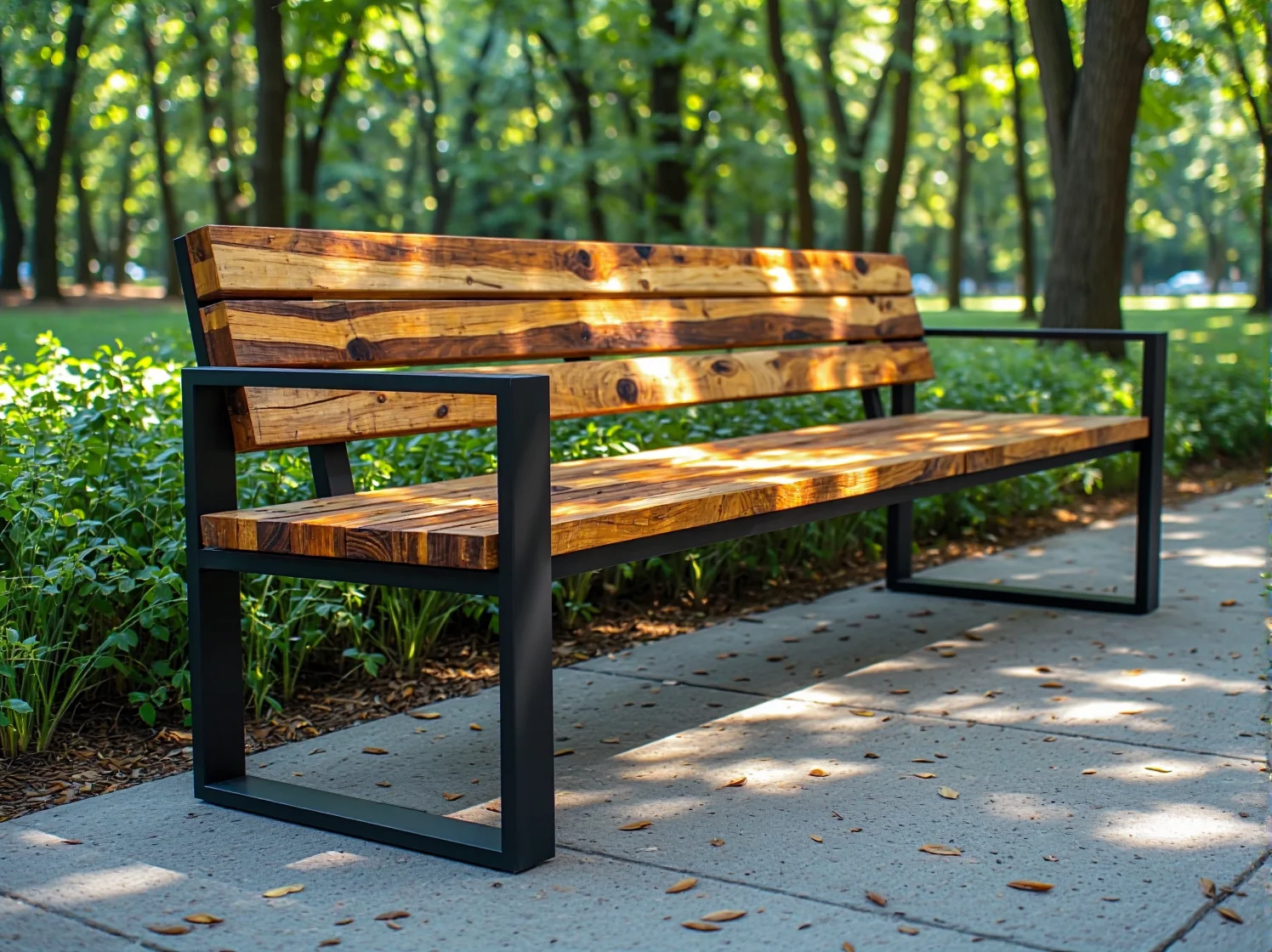 Trwałe ławki i stoły w parku miejskim, tworzące idealne miejsce do odpoczynku i spotkań towarzyskich.