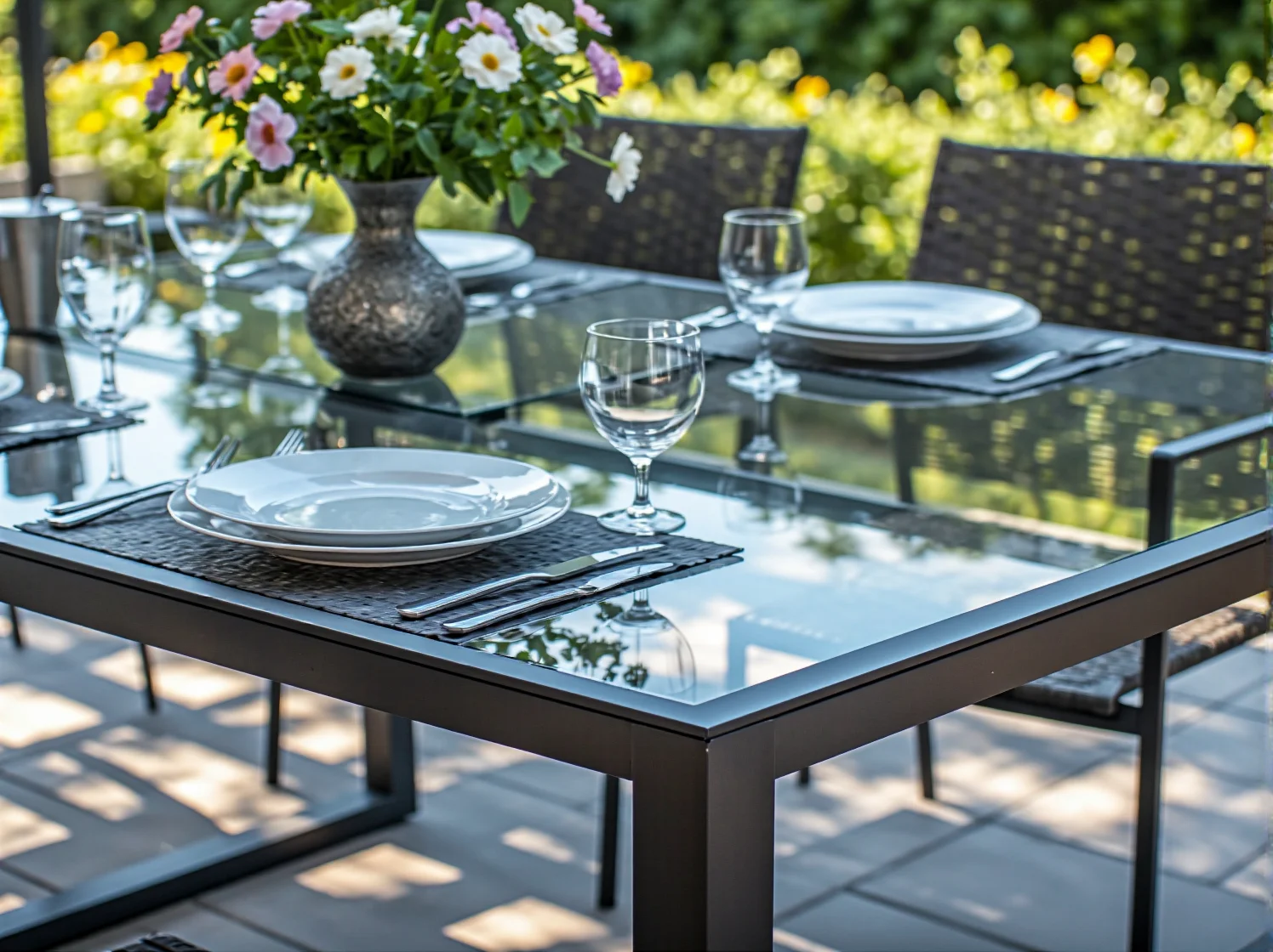 Trwały stół ogrodowy z czarną metalową ramą i hartowanym szklanym blatem