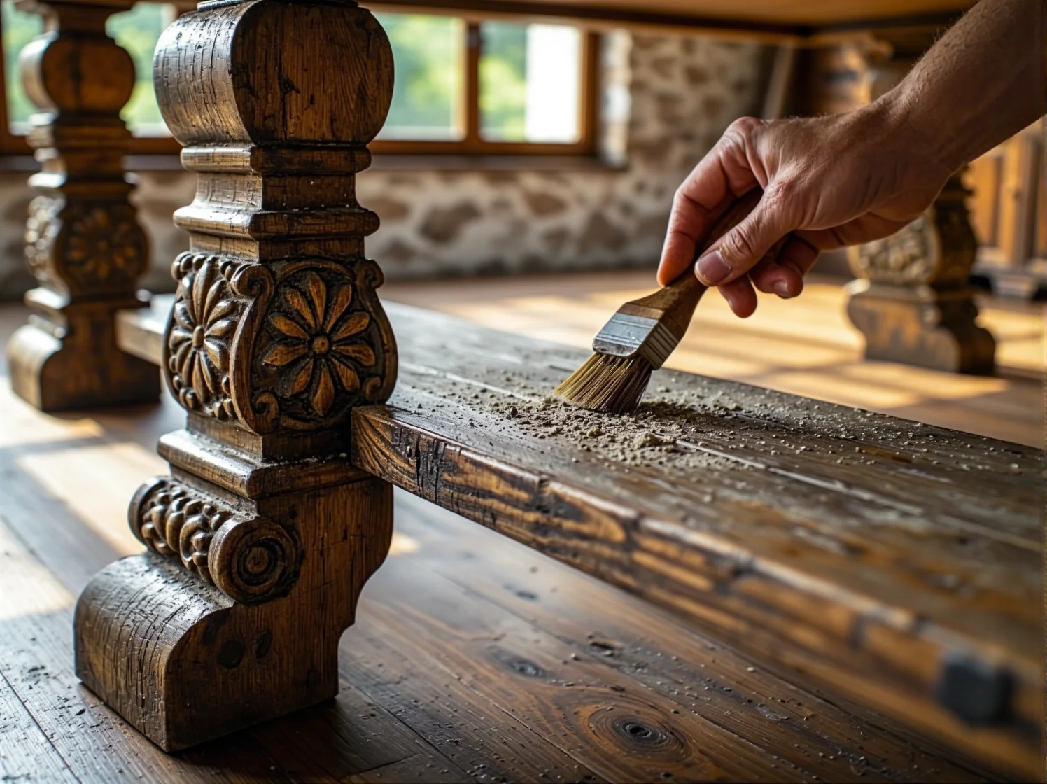 Usuwanie starych powłok lakierniczych z drewnianej komody podczas renowacji antyku.