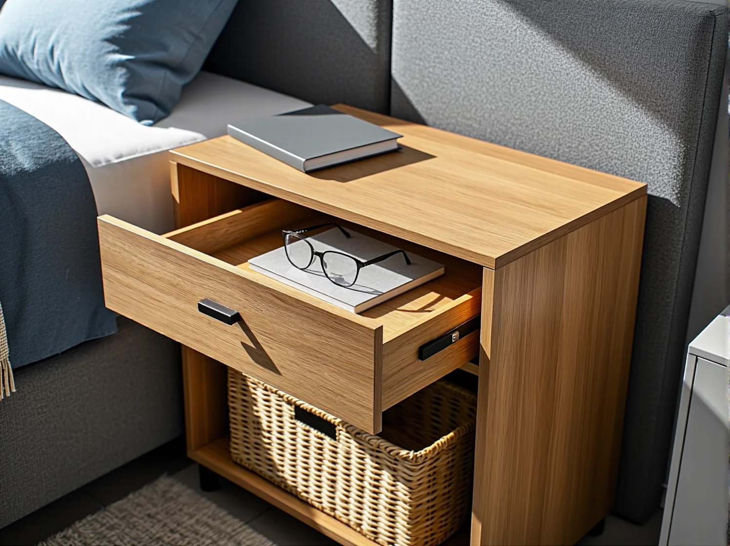 Wąski stolik nocny do sypialni idealny do małych przestrzeni