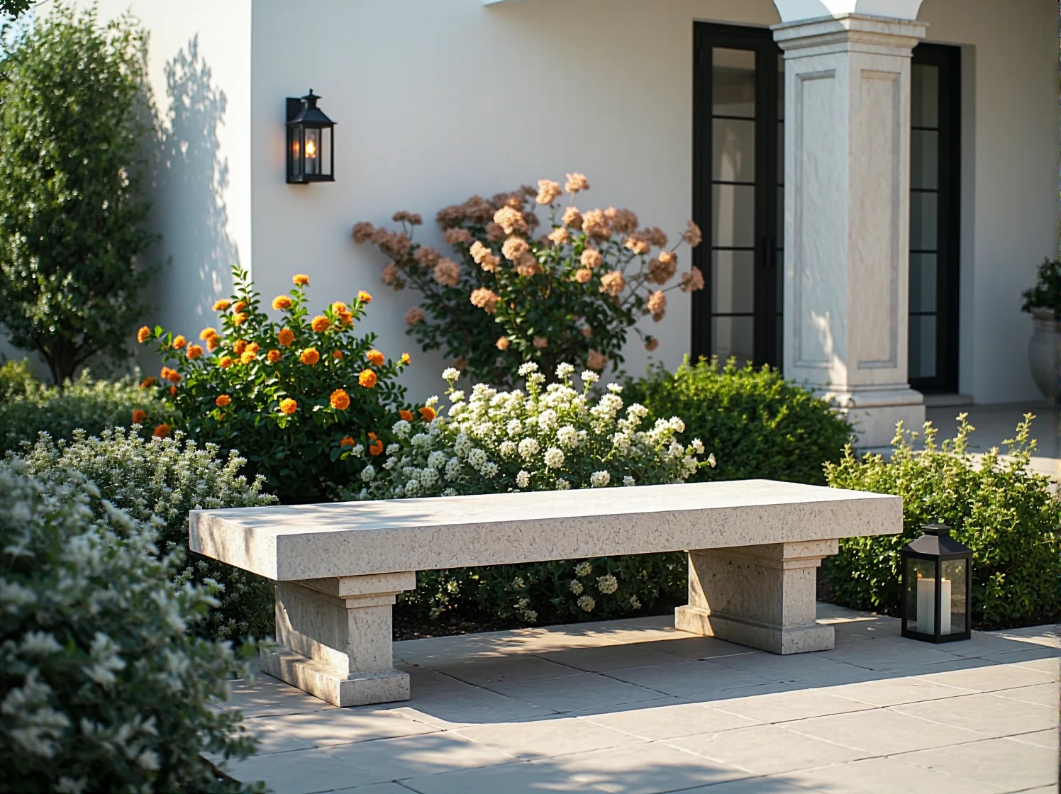 Ciepłe światło lamp latarni w wieczornym ogrodzie urządzonym w stylu klasycznym.