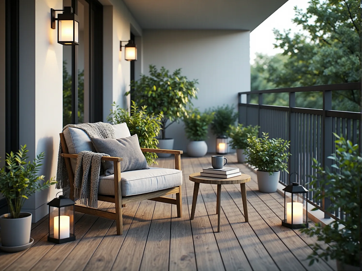 Wieczorny klimat hygge na balkonie dzięki nowoczesnym latarenkom LED i miękkim kocom.