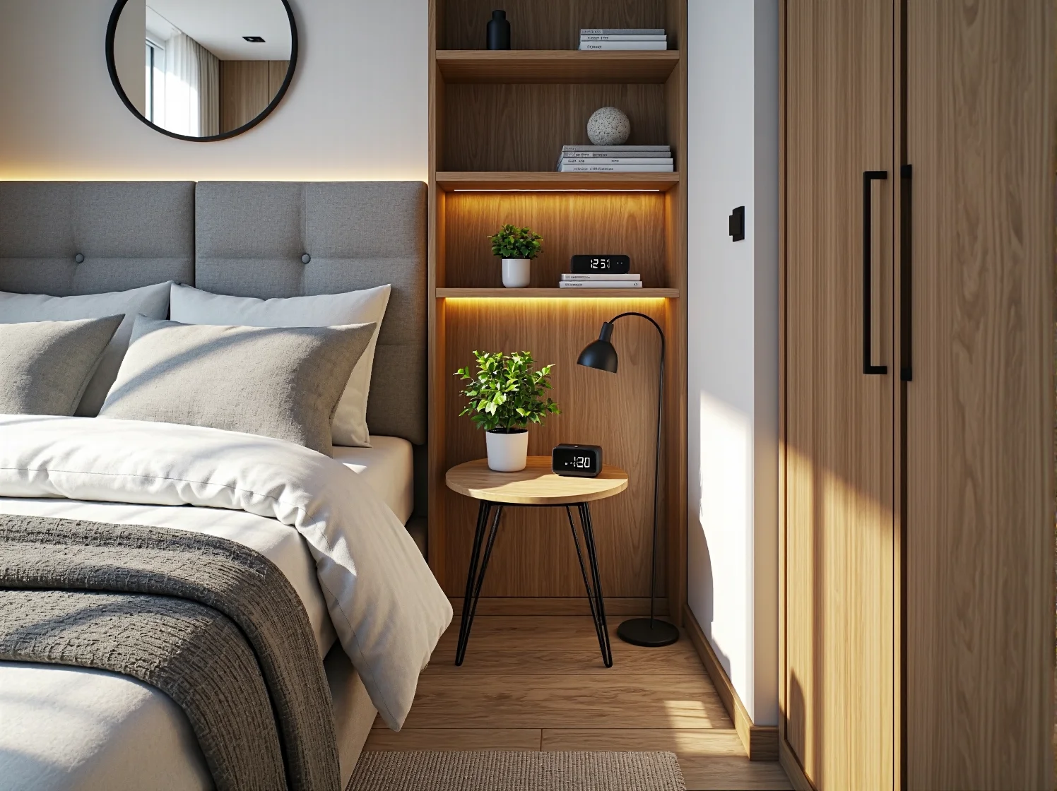 Wiszący stolik nocny jako sprytne rozwiązanie do małej sypialni