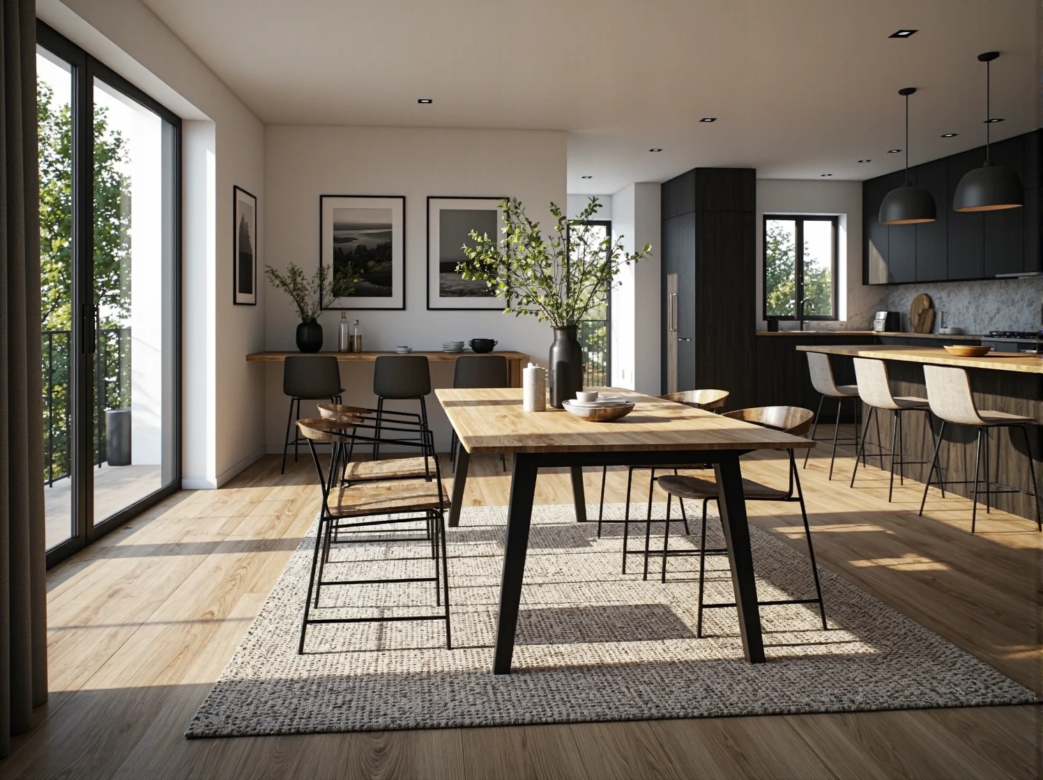 Przytulna aranżacja jadalni z wygodnymi krzesłami, gotowa na rodzinne posiłki i spotkania.