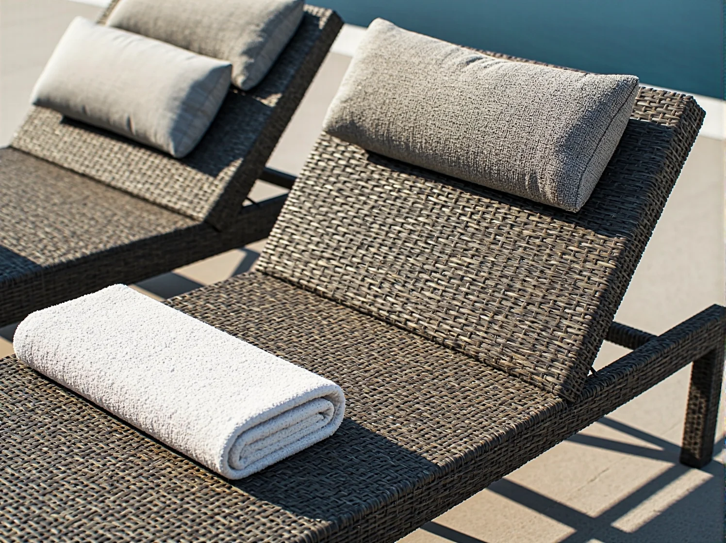 Wytrzymałe leżaki ogrodowe wykonane z technorattanu ustawione na tarasie przy basenie.