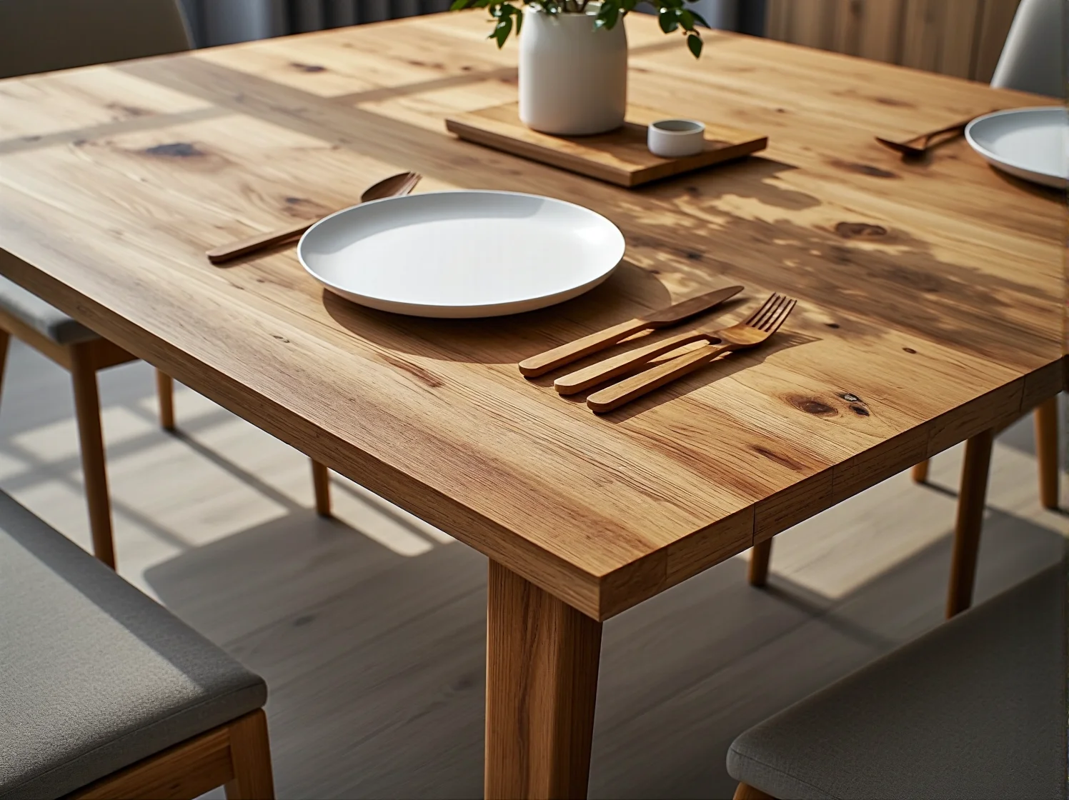 Wytrzymały stół z litego drewna dębowego charakteryzujący się unikalnym designem i trwałością.