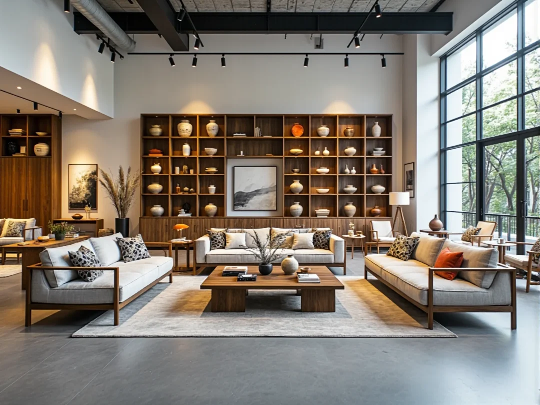 Regał ścienny orzechowy z oświetlonymi półkami na ceramikę