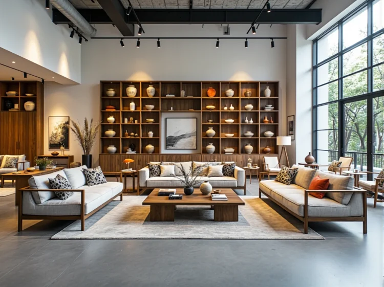 Regał ścienny orzechowy z oświetlonymi półkami na ceramikę