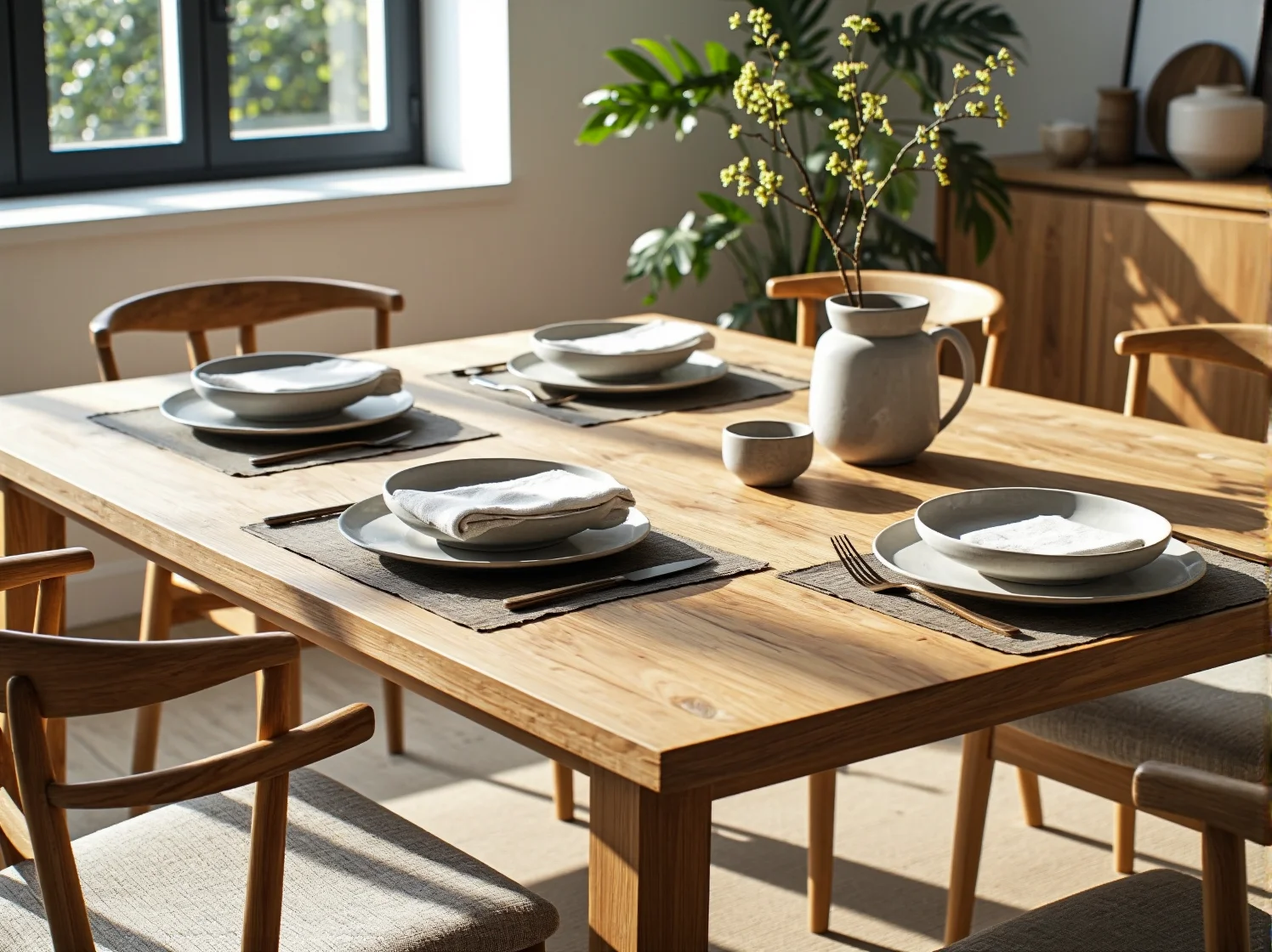 Sypialnia skandynawska z meblami z litego drewna, zapewniająca zdrowe i estetyczne środowisko do odpoczynku.