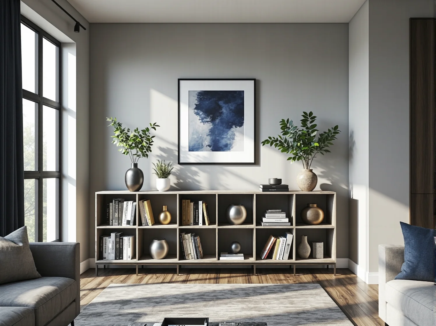 Złoty regał w stylu glamour jako centralny punkt luksusowego gabinetu.