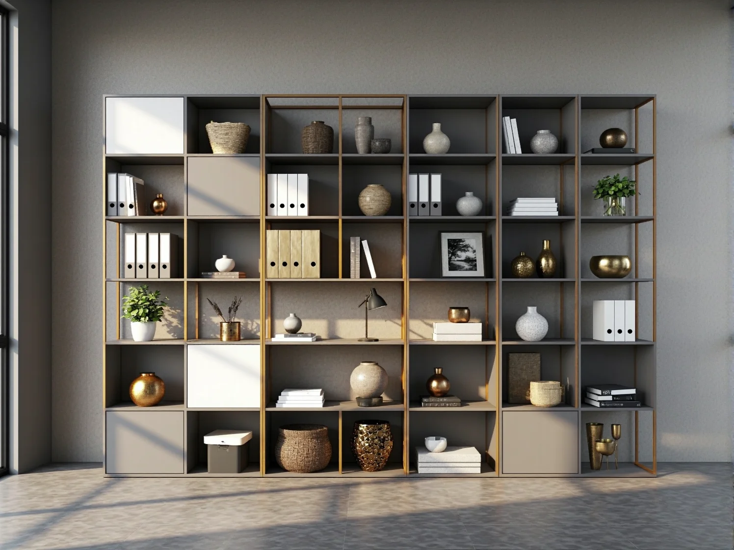 Złoty regał modułowy Vittoria z szklanymi półkami do luksusowej przestrzeni biurowej.