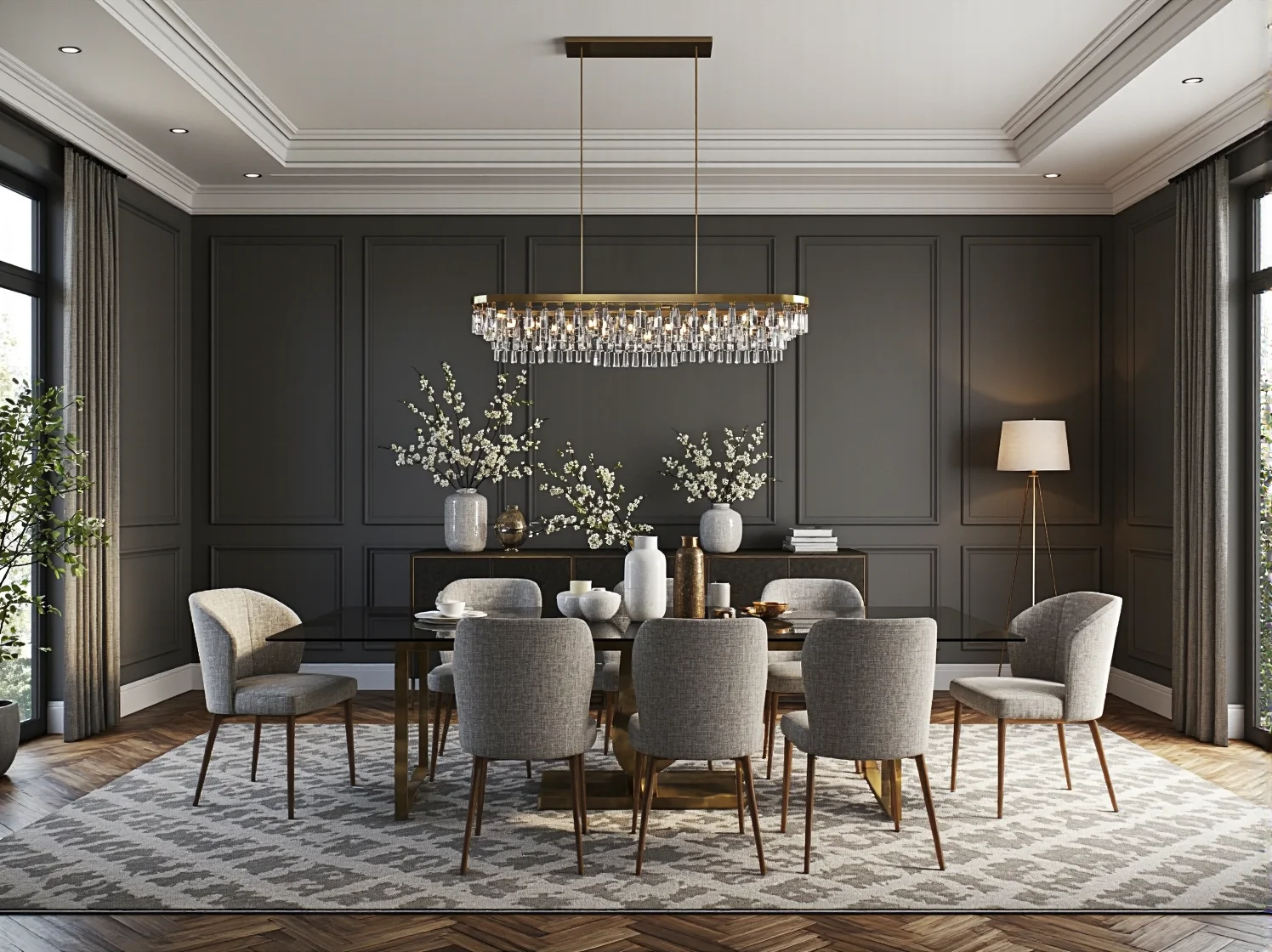 Nowoczesna jadalnia z efektownym kryształowym żyrandolem w stylu glamour.